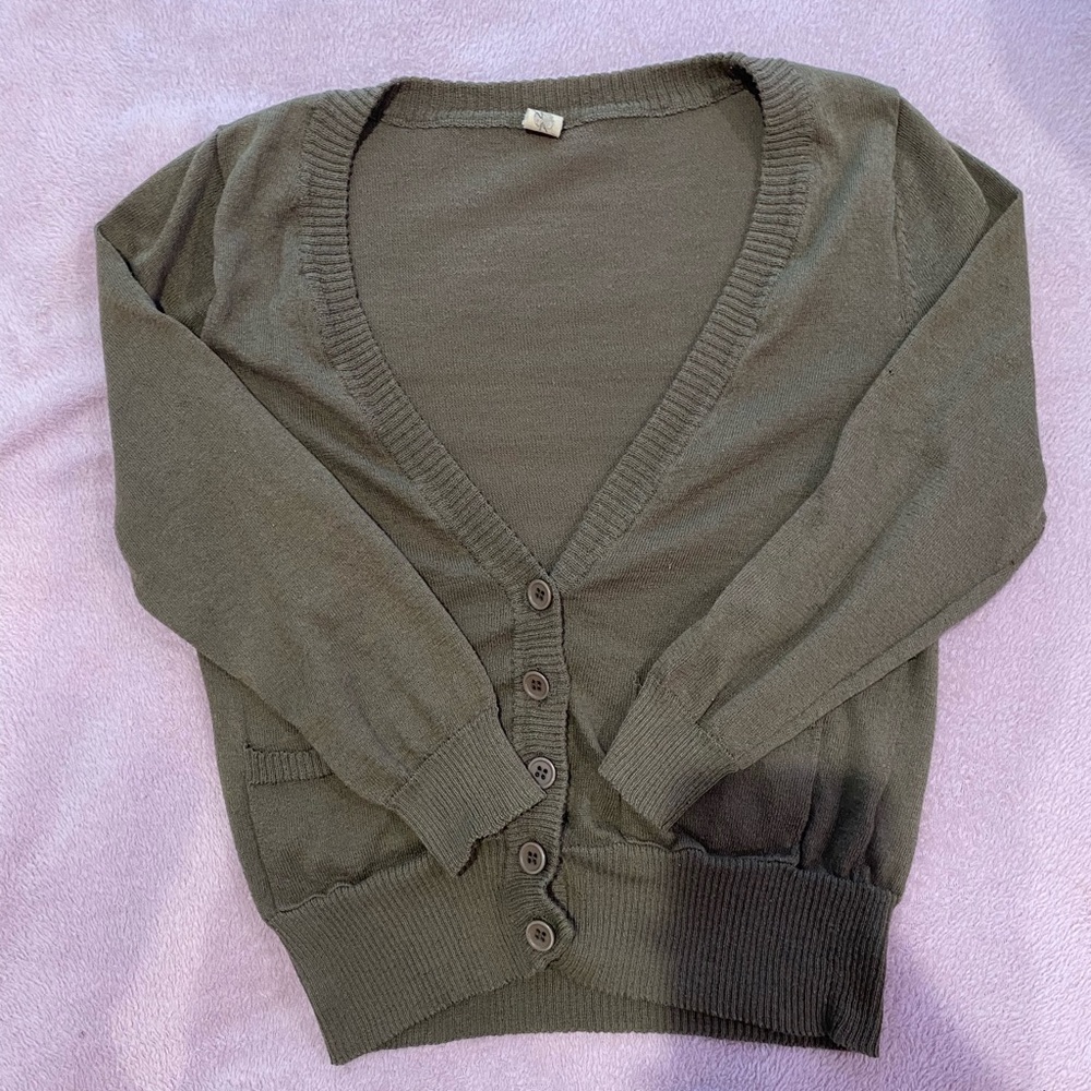 Olive green button up cardigan. Low cut if worn as a top. Mid forearm sleeve.